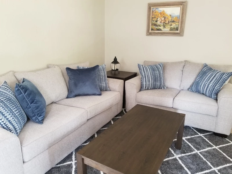 Matching grey sofa and loveseat with blue pillows, grey rug, and matching end table and coffee table