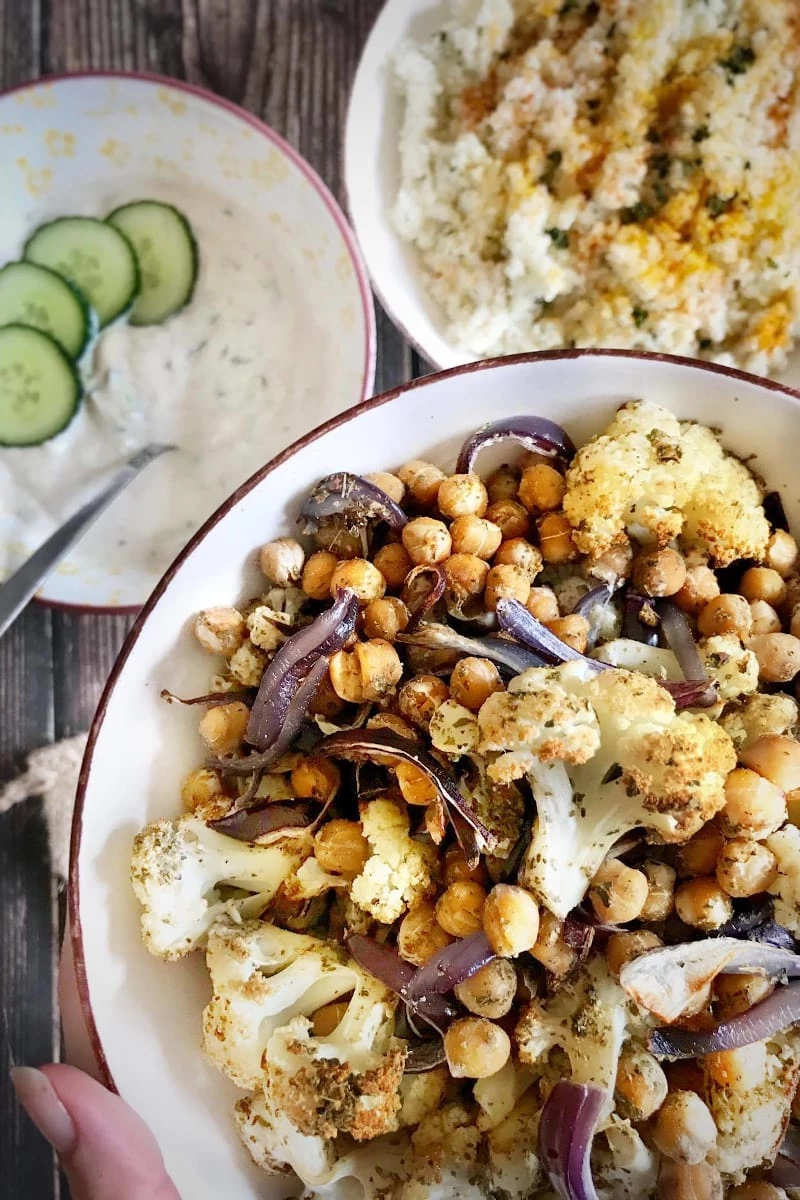 Sheet Pan Cauliflower and Chickpea with Couscous and Tzatziki