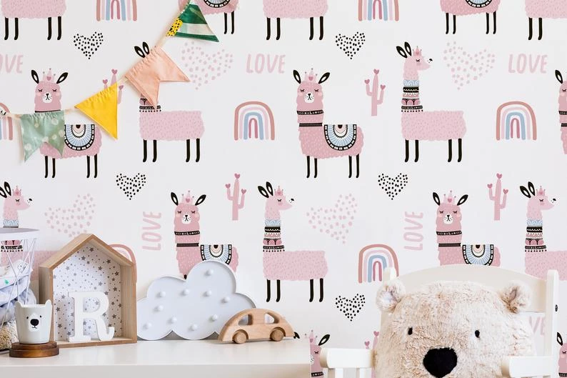 Baby Wallpaper - Removable Wall Paper With Pink Llamas and Rainbows - Safe For Kids Wallpaper