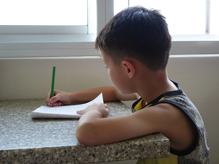 child writing in a work book