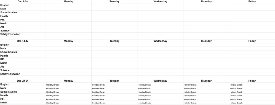 Screenshot of a homeschool tracking spreadsheet set up for each week