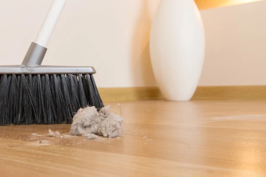 broom sweeping up a ball of lint and dust