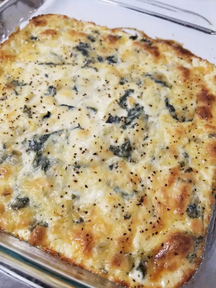 8 - Finished spinach artichoke dip in a pan